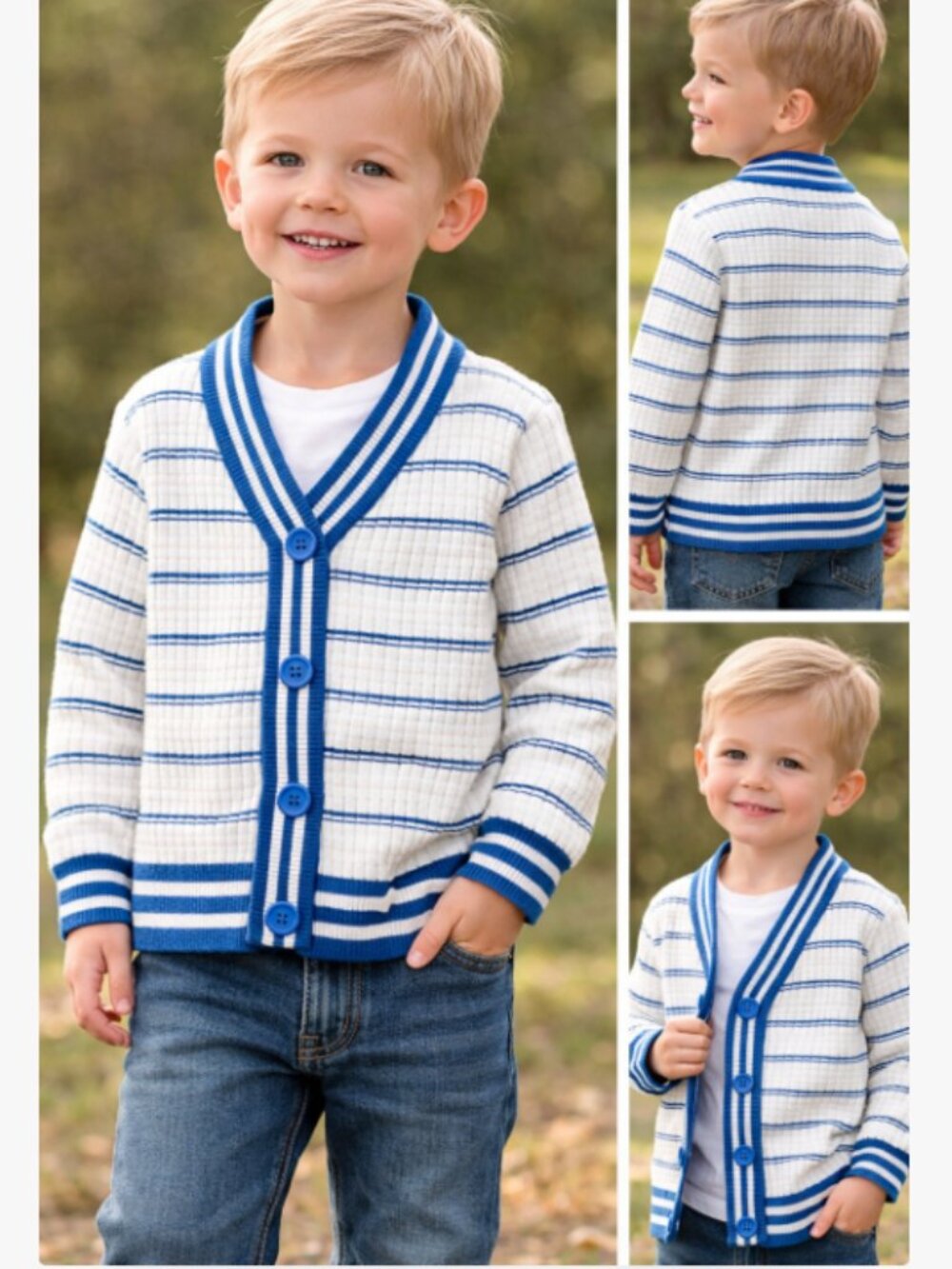 Kids Striped Cardigan Blue White Button Up Sweater Cotton Knit Lightweight